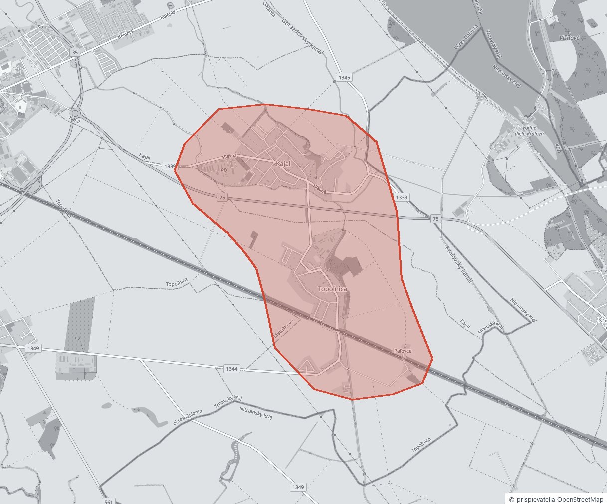 Mapa pokrytia – vyznačená oblasť zahŕňa Kajal, Topoľnicu a Páľovce. Mapové podklady © prispievatelia OpenStreetMap